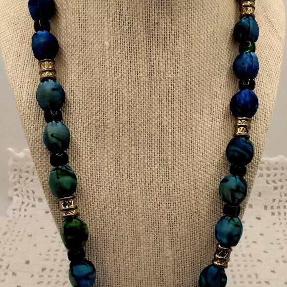 Fabric Wrapped Bead Necklace in Blues and Greens with Silver Metal Spacers - Picture 5 of 5